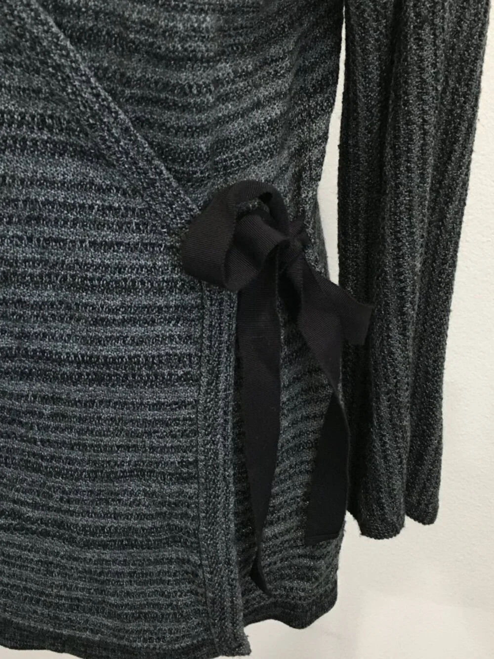 EILEEN FISHER Black Gray Merino Wool Blend Knit Belted Wrap Cardigan
